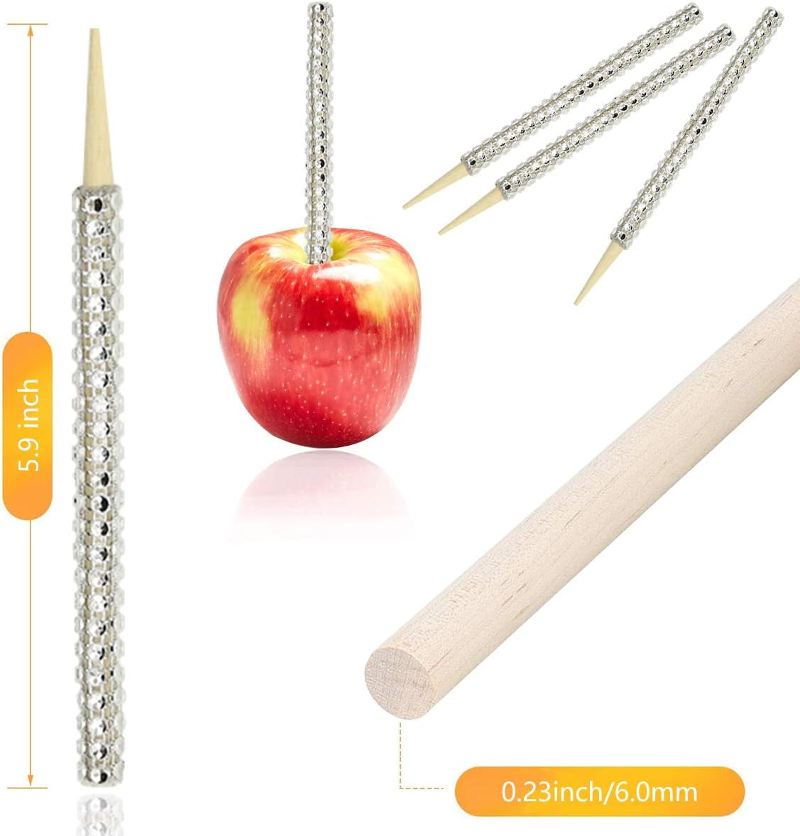 24 Pack Bling Candy Apple Sticks and Bags Kits, Caramel Apple Wooden Skewers,Food Bamboo Decorative Sticks for Rice Krispie Treats Cookie Cake Pops Corn Dogs with Glass Wrapper Glitter Ribbons Tie