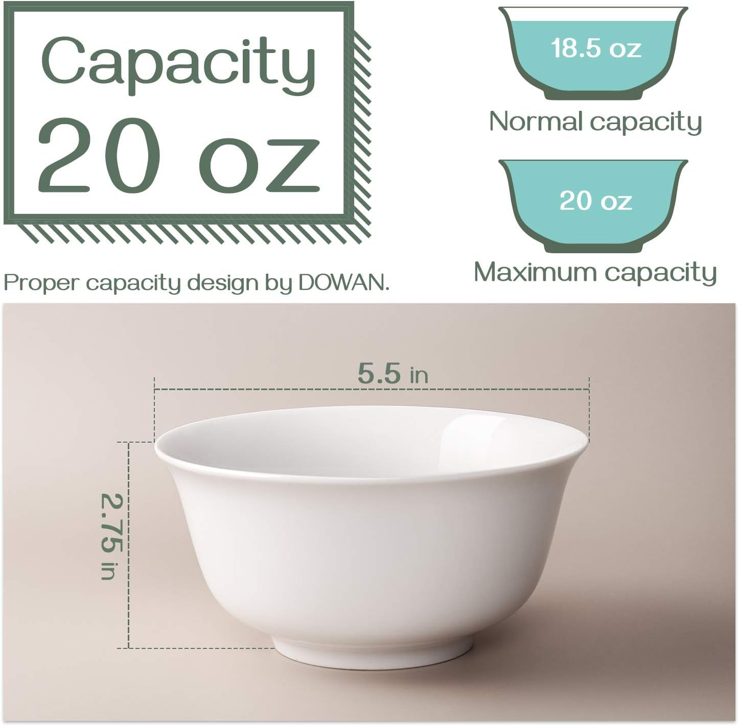 20Oz Ceramic Cereal Bowls - 6 White Kitchen Soup Bowls Set - Deep White Bowls for Soup, Cereal and Salad, Microwave and Dishwasher Safe