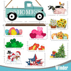 Welcome Sign & Home Sign for Front Door 2Side Rustic Red Truck Decor with 10PC Interchangeable Holiday Icons for Spring Easter 4Th of July Fall Harvest Halloween Christmas Seasonal Wall