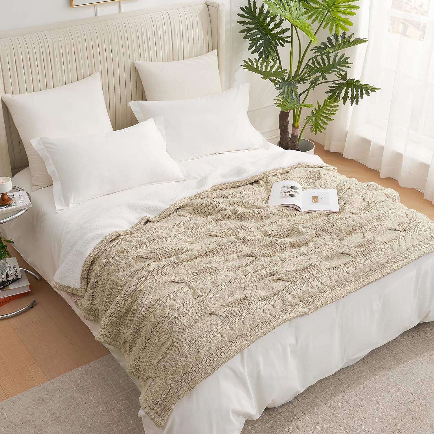 Cable Knit Sherpa Throw Blanket for Couch Twin, Chenille Reversible Soft Cozy Fleece Throw Blankets for Bed Sofa Chair Living Room Comfortable Home Spring Decor, 60"X80", Beige