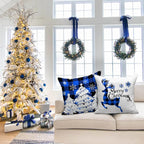 Christmas Throw Pillow Covers 16X16 Set of 4, Decorative Holiday Farmhouse Merry Xmas 16 X 16 Buffalo Check Plaid Cushion Pillow Cases for Outdoor Indoor Home House Room Couch Decor (Blue)