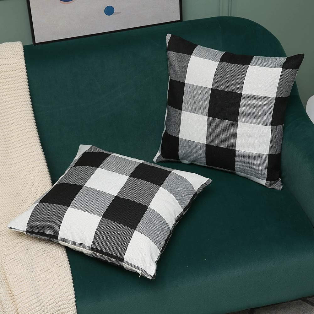 Set of 2 Buffalo Check Plaid Pillows Farmhouse Decor Christmas Pillow Covers Fall Outdoor Pillows outside Porch Pillows Cotton Linen Throw Pillow Covers Black White 18 X 18 Inches