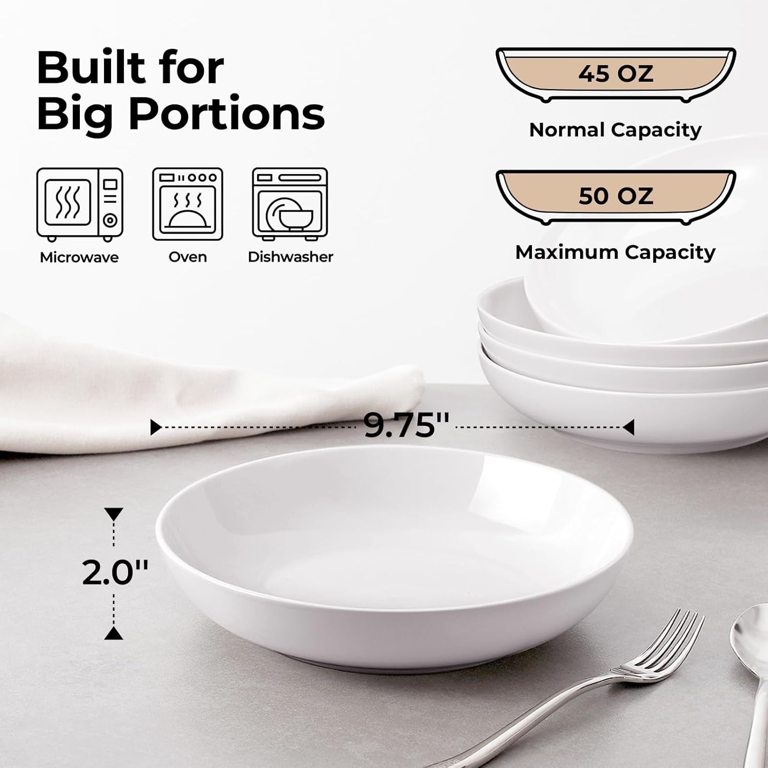 9.75" Large Pasta Bowls, 50 Ounces Big Salad Bowls, Ceramic Serving Bowl Set of 4, Wide and Shallow Bowls Set, Microwave and Dishwasher Safe, White