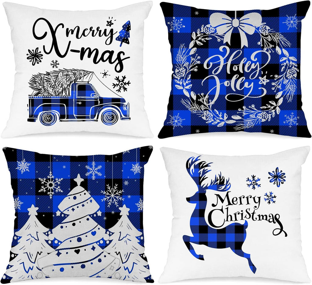 Christmas Throw Pillow Covers 16X16 Set of 4, Decorative Holiday Farmhouse Merry Xmas 16 X 16 Buffalo Check Plaid Cushion Pillow Cases for Outdoor Indoor Home House Room Couch Decor (Blue)