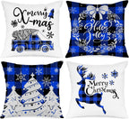Christmas Throw Pillow Covers 16X16 Set of 4, Decorative Holiday Farmhouse Merry Xmas 16 X 16 Buffalo Check Plaid Cushion Pillow Cases for Outdoor Indoor Home House Room Couch Decor (Blue)