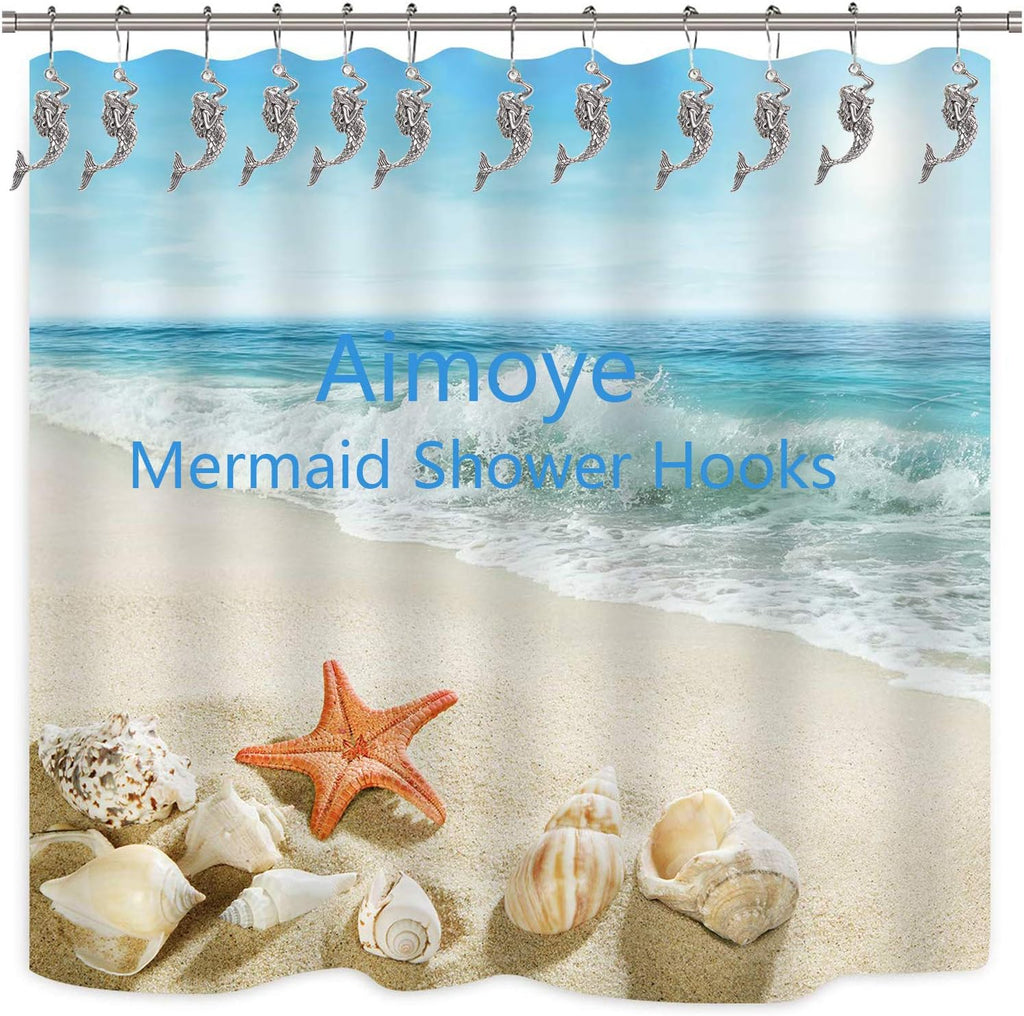 Mermaid Shower Curtain Hooks Rings - Silver Shower Curtain Hangers Rust Proof Shower Hooks for Shower Curtain, Decorative Bathroom Accessories Set, Sea Beach Theme Bathroom Decor, Set of 12