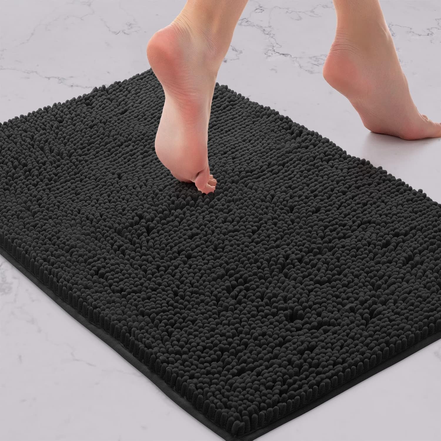 2 Piece Bathroom Rug Set - Premium Plush Bath Mat Shower Rugs, 1" Chenille Microfiber, Non-Slip & Absorbent, Soft & Cozy, Durable Stylish (20X30 & 16X24 Inches, Black)