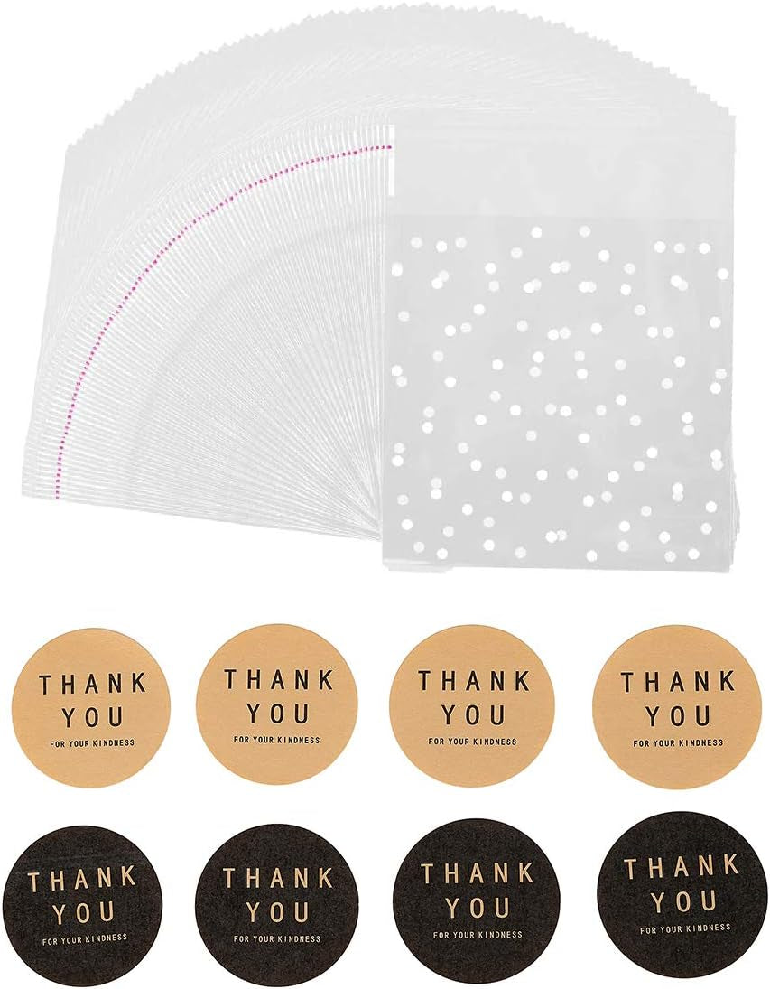 400PCS White Polka Dot Treat Bags Set Self Adhesive Candy Cookie Bags Set, 200 Cellophane Bags + 200 Thank You Sticker for Bakery Biscuit Chocolate Snacks Dessert (5.5X5.5Inches, White Polka Dot+Sticker)