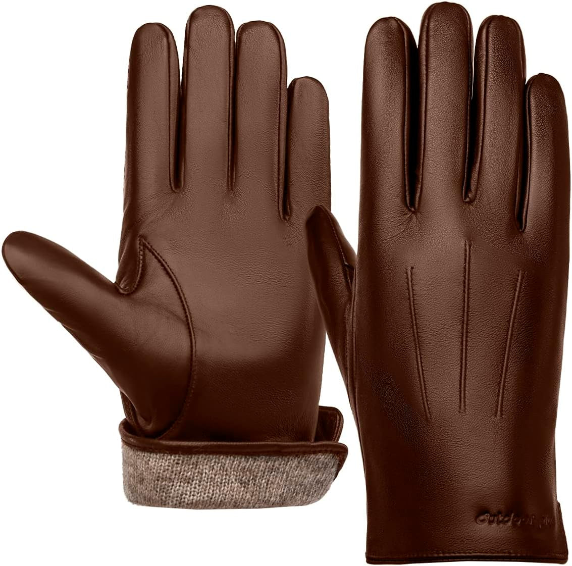 Brown Warm Leather Gloves for Men, L, Winter Driving Leather Gloves, Touchscreen, Genuine Sheepskin Gloves Gift for Dad, Boyfriend, Father, Grandfather, Son, Husband, Christmas Day.