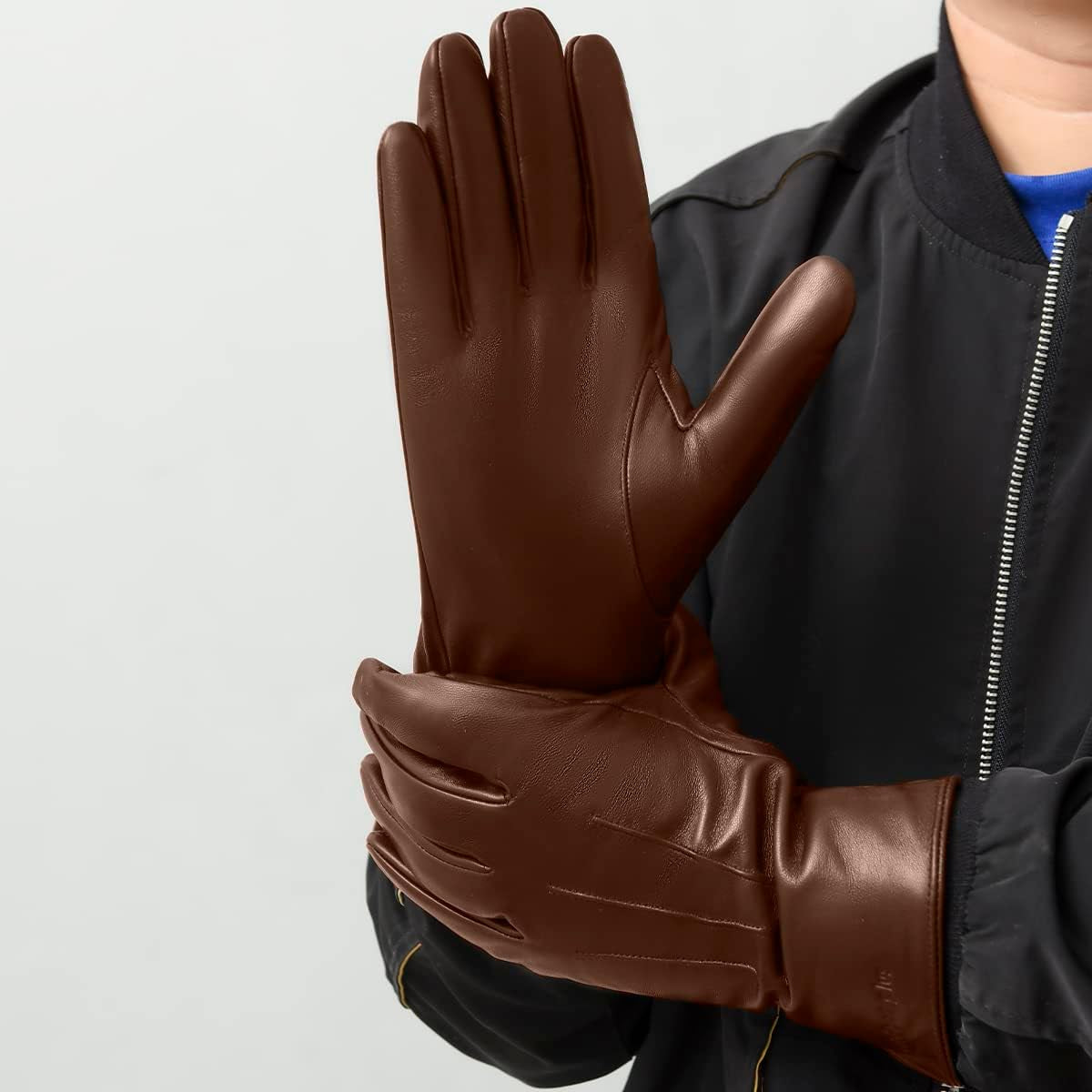 Brown Warm Leather Gloves for Men, L, Winter Driving Leather Gloves, Touchscreen, Genuine Sheepskin Gloves Gift for Dad, Boyfriend, Father, Grandfather, Son, Husband, Christmas Day.