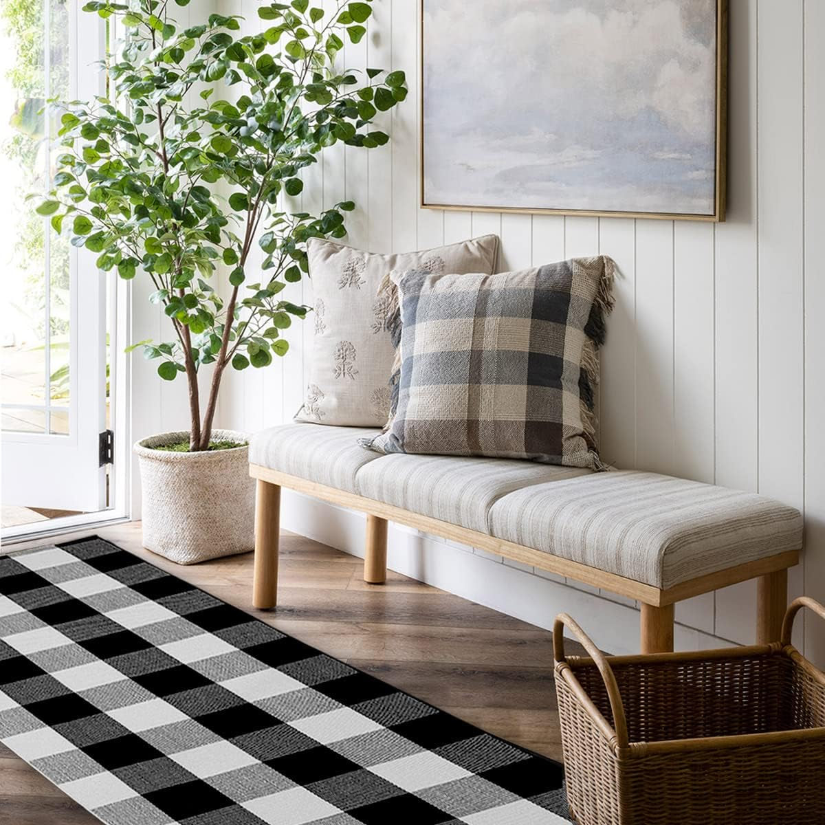 Buffalo Plaid Runner Rug - 2' X 6' Black Checkered Runner Rug, Farmhouse, Indoor, Washable, Water Resistant