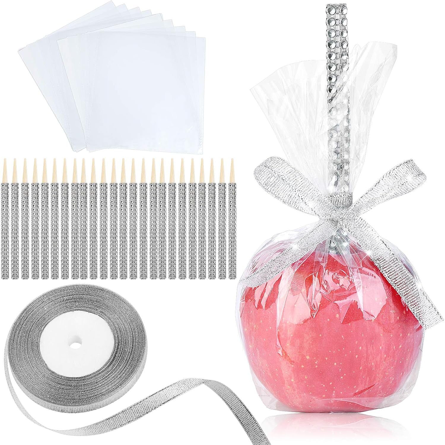 24 Pack Bling Candy Apple Sticks and Bags Kits, Caramel Apple Wooden Skewers,Food Bamboo Decorative Sticks for Rice Krispie Treats Cookie Cake Pops Corn Dogs with Glass Wrapper Glitter Ribbons Tie
