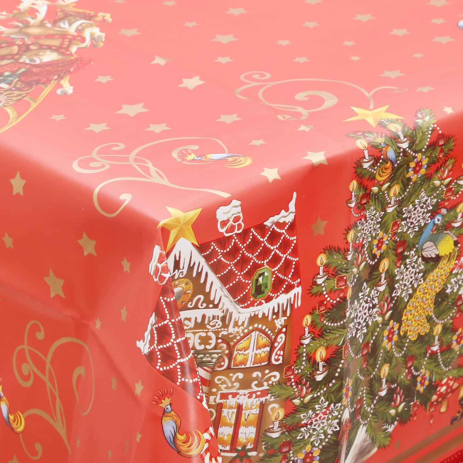 Heavy Duty Flannel Backed Vinyl Tablecloth with Flannel Backing Easy to Wipe-Clean Oilcloth Waterproof Plastic Rectangle 55X90 Inch Red Table Cover for Christmas