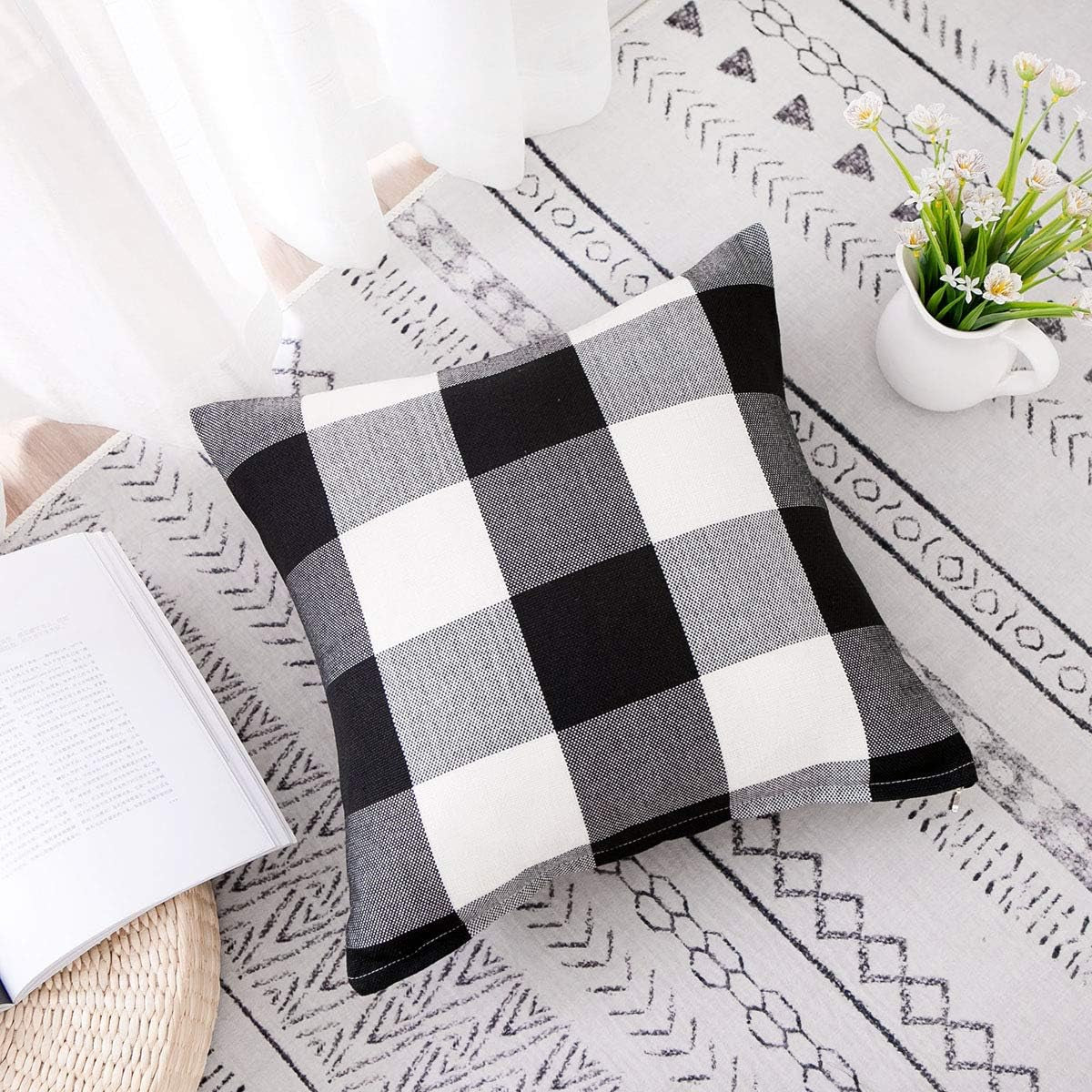 Set of 2 Buffalo Check Plaid Pillows Farmhouse Decor Christmas Pillow Covers Fall Outdoor Pillows outside Porch Pillows Cotton Linen Throw Pillow Covers Black White 18 X 18 Inches