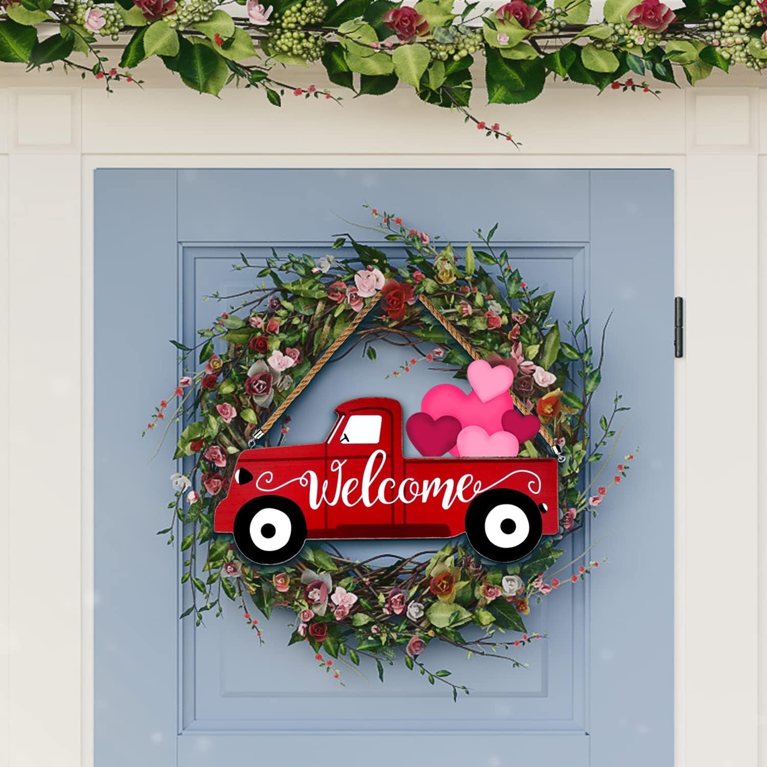 Welcome Sign & Home Sign for Front Door 2Side Rustic Red Truck Decor with 10PC Interchangeable Holiday Icons for Spring Easter 4Th of July Fall Harvest Halloween Christmas Seasonal Wall