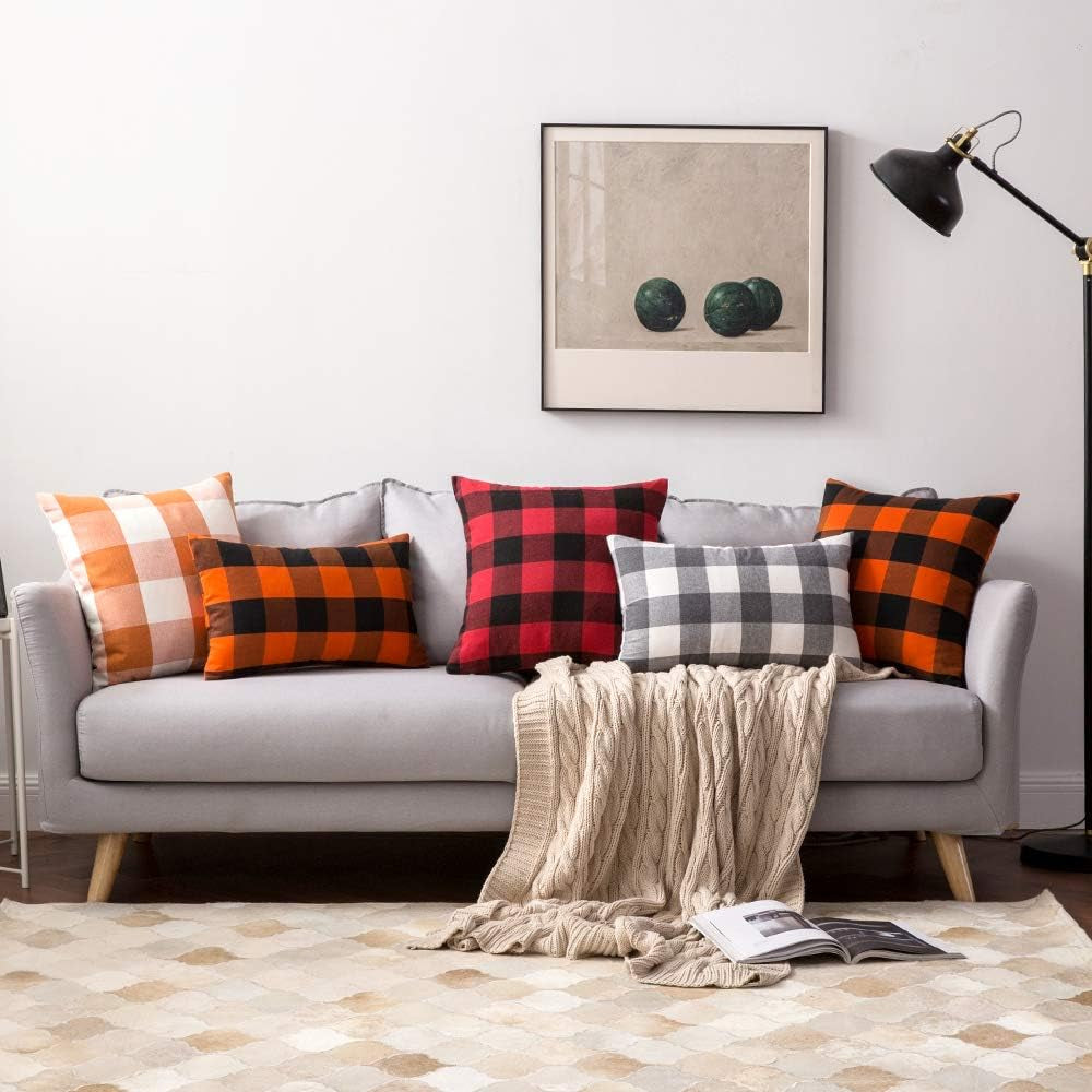 Classic Retro Checkers Plaids Linen Soft Solid Black and Red Decorative Throw Pillow Cover Home Decor Design Cushion Case for Sofa Bedroom Car 16 X 16 Inch 40 X 40 Cm