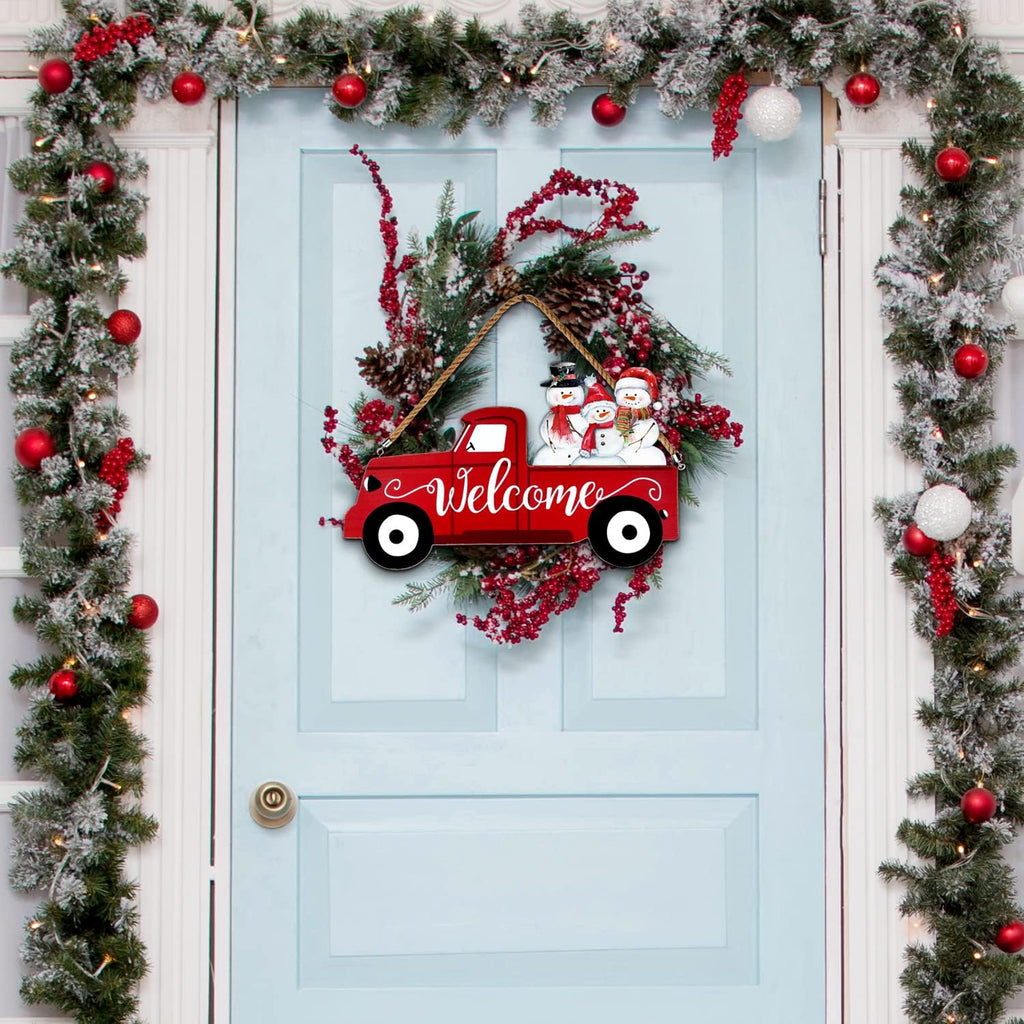 Welcome Sign & Home Sign for Front Door 2Side Rustic Red Truck Decor with 10PC Interchangeable Holiday Icons for Spring Easter 4Th of July Fall Harvest Halloween Christmas Seasonal Wall