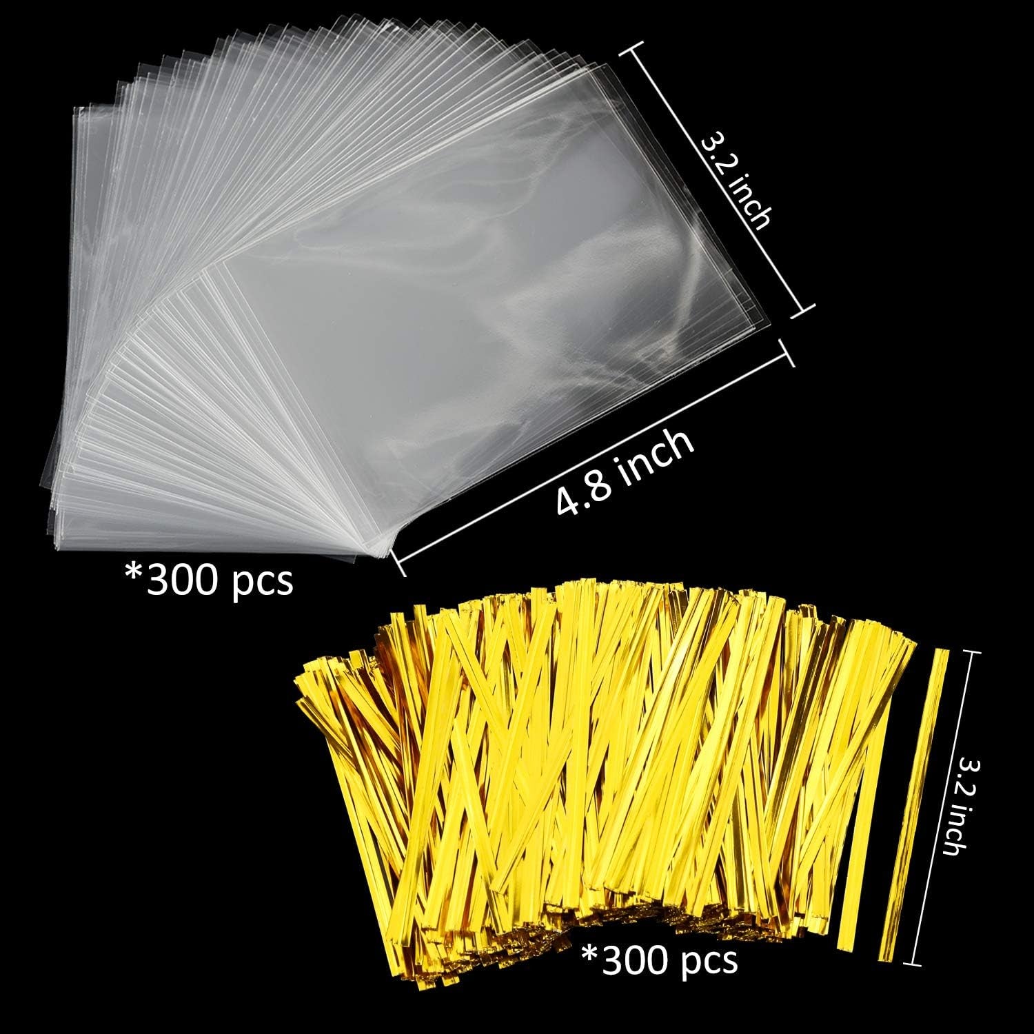 Cake Pop Bags,  300 Pcs Cellophane Treat Bags 3X5 with 300 Twist Ties 1.4 Mils Thickness OPP Plastic Bags for Lollipop Candy Chocolate Cookie Wrapping Buffet