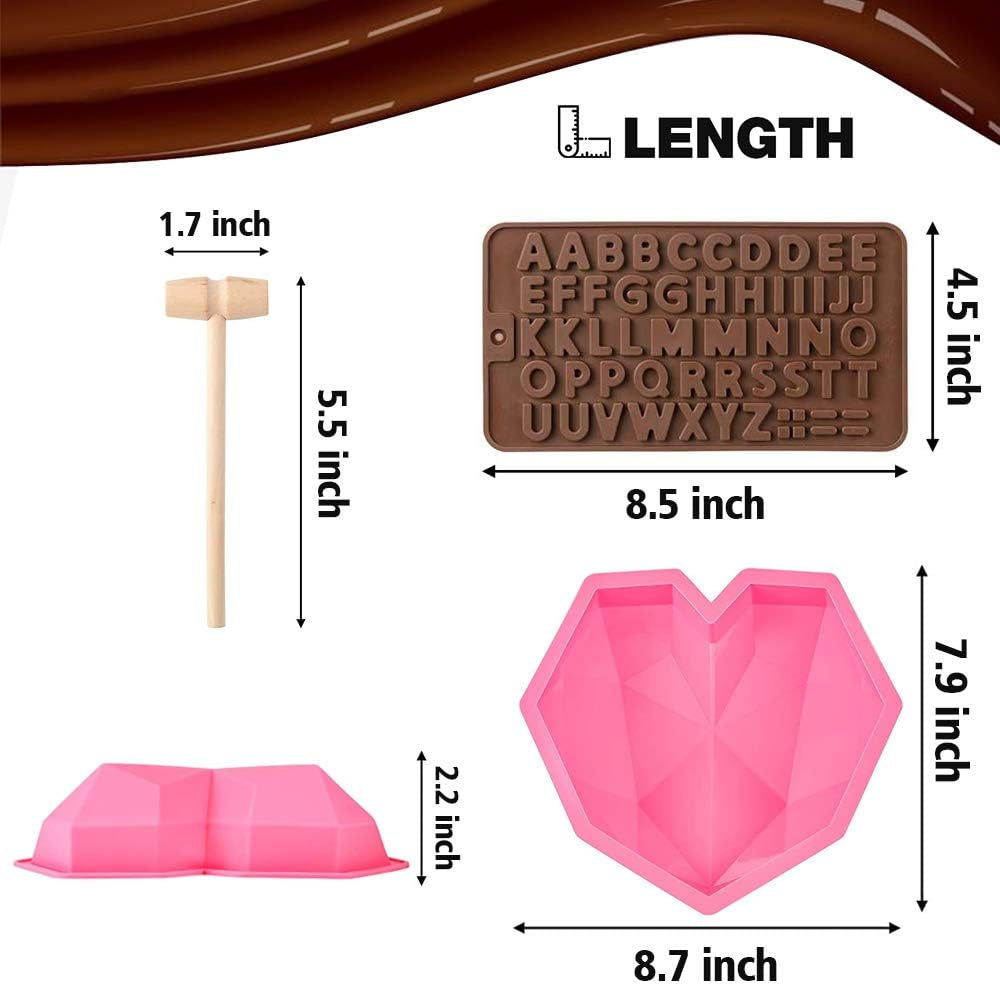 KZY Diamond Heart Shaped Mousse Cake Mold Trays, 8.7 Inch Silicone Dessert Baking Pan Safe Not Sticky Mould with 4 Pcs Wooden Hammers and 2 Chocolate Molds for Home Kitchen DIY Baking Tools (Pink)-L8