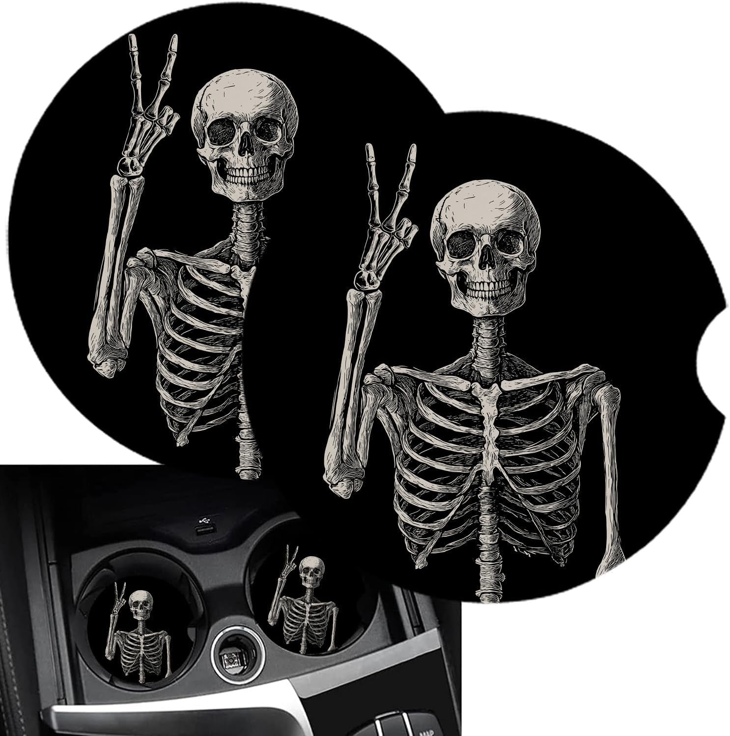 Cup Holders Car Coasters for Women/Men - 2 Pack Absorbent Ceramic Stone Drinks Coaster Set, Funny Skull Skeleton Halloween Victory