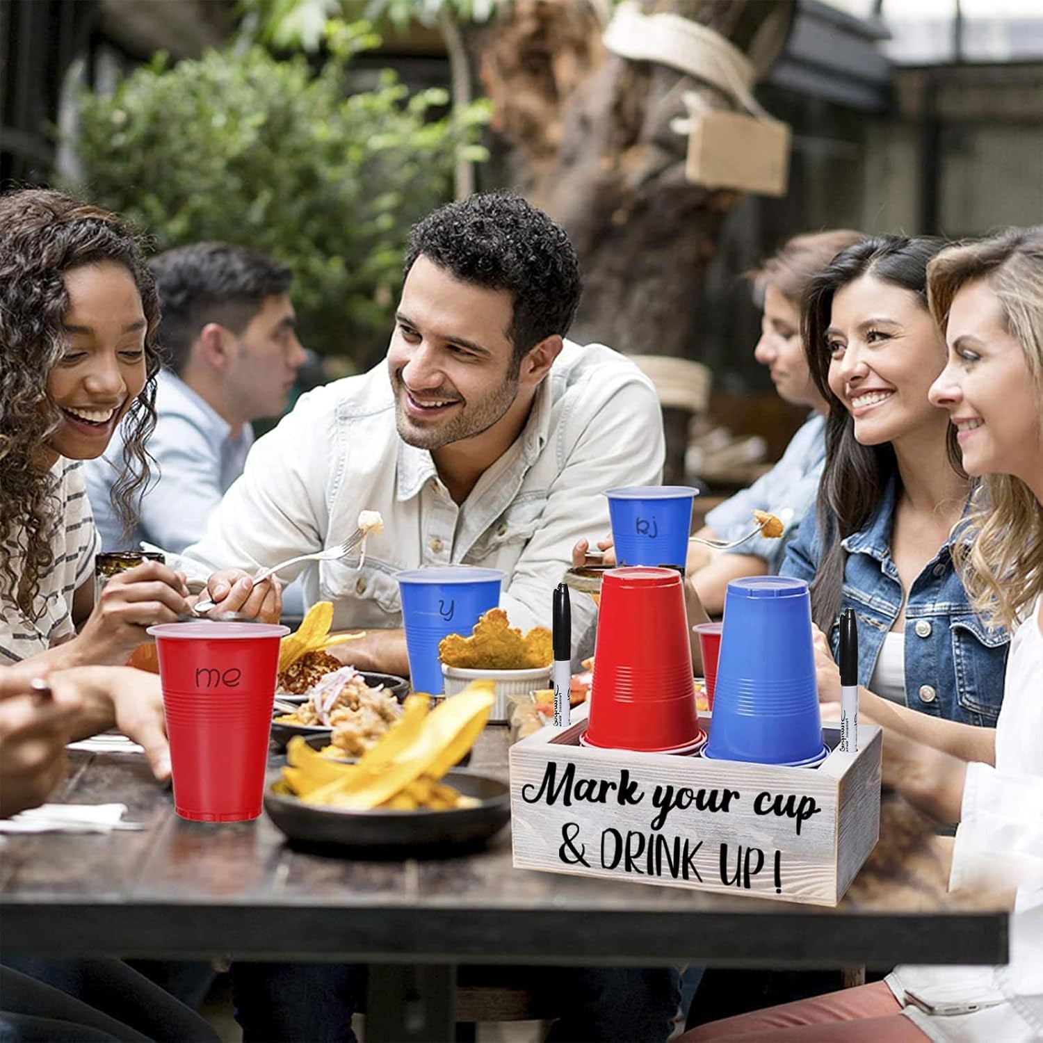 Double Disposable Cup Holder with Marker Slot Wooden Mark Your Cup and Drink up Drink Dispenser 2 Sides Designs for Parties Farmhouse Bar Christmas Housewarming Party Holiday Decor,Hostess Gifts