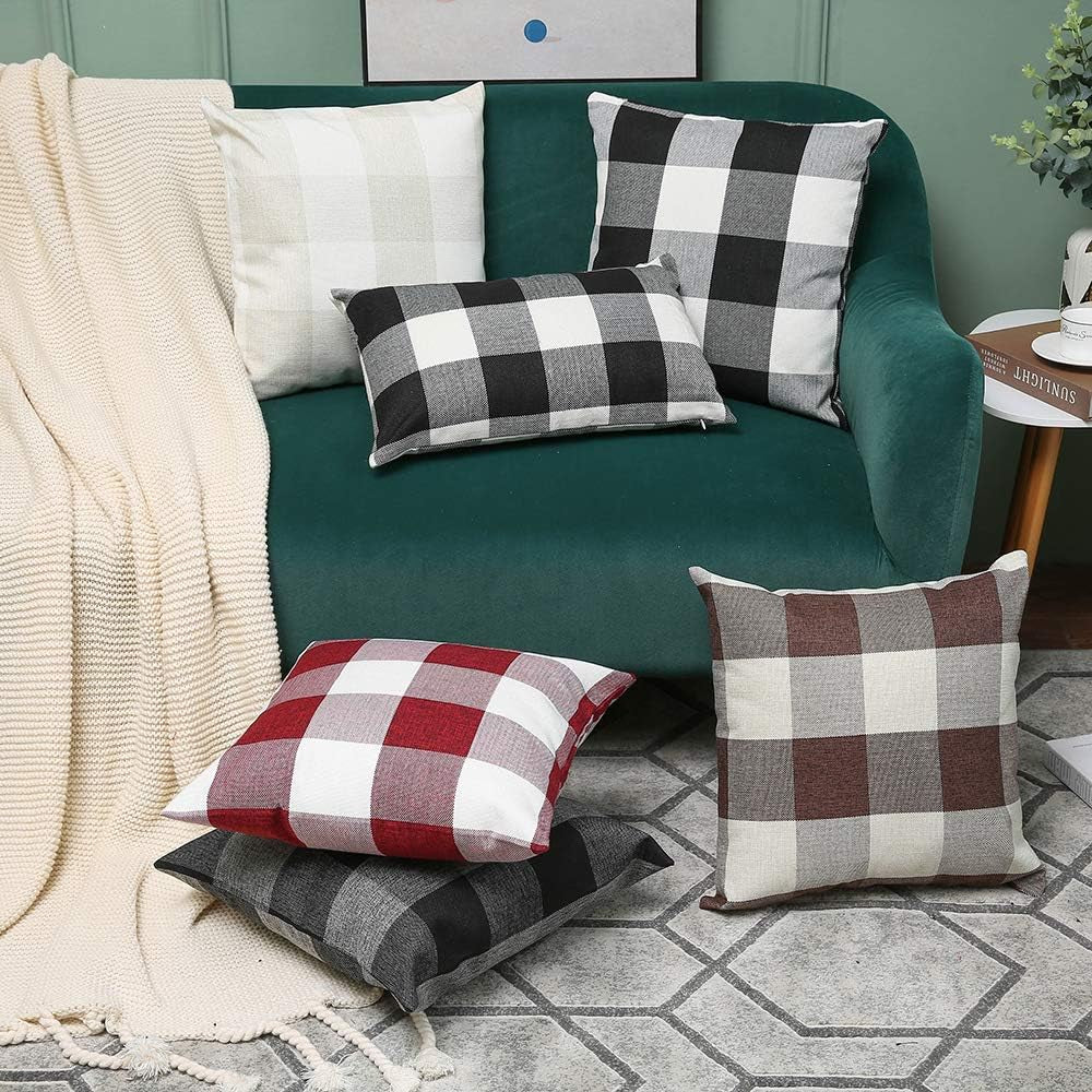 Set of 2 Buffalo Check Plaid Pillows Farmhouse Decor Christmas Pillow Covers Fall Outdoor Pillows outside Porch Pillows Cotton Linen Throw Pillow Covers Black White 18 X 18 Inches