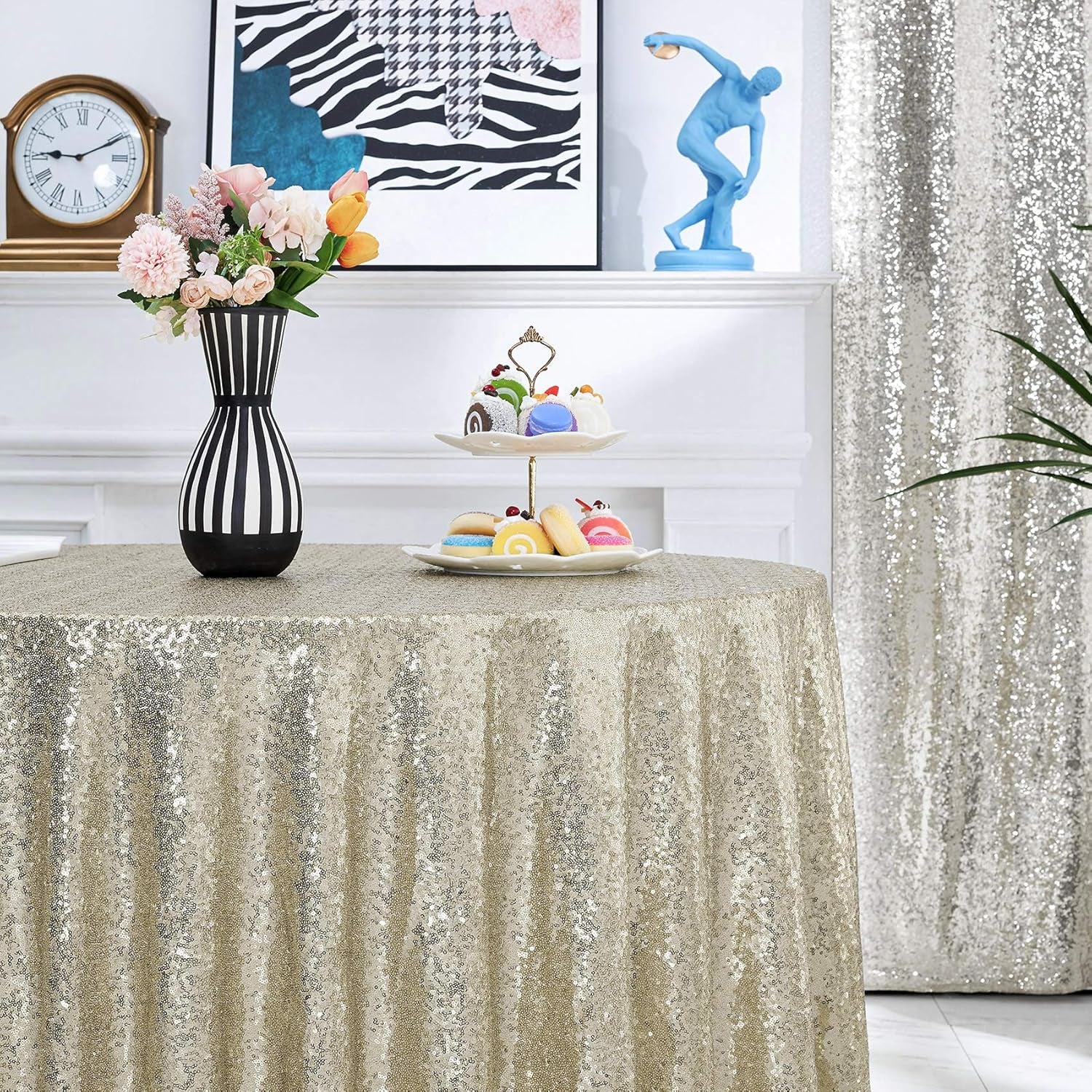 50 Inch round Sequin Tablecloth Champagne, Glitter Tablecloth for Bridal Shower Decorations, Birthday, Wedding, Dessert, Banquet（50 Inch Round, Champagne）