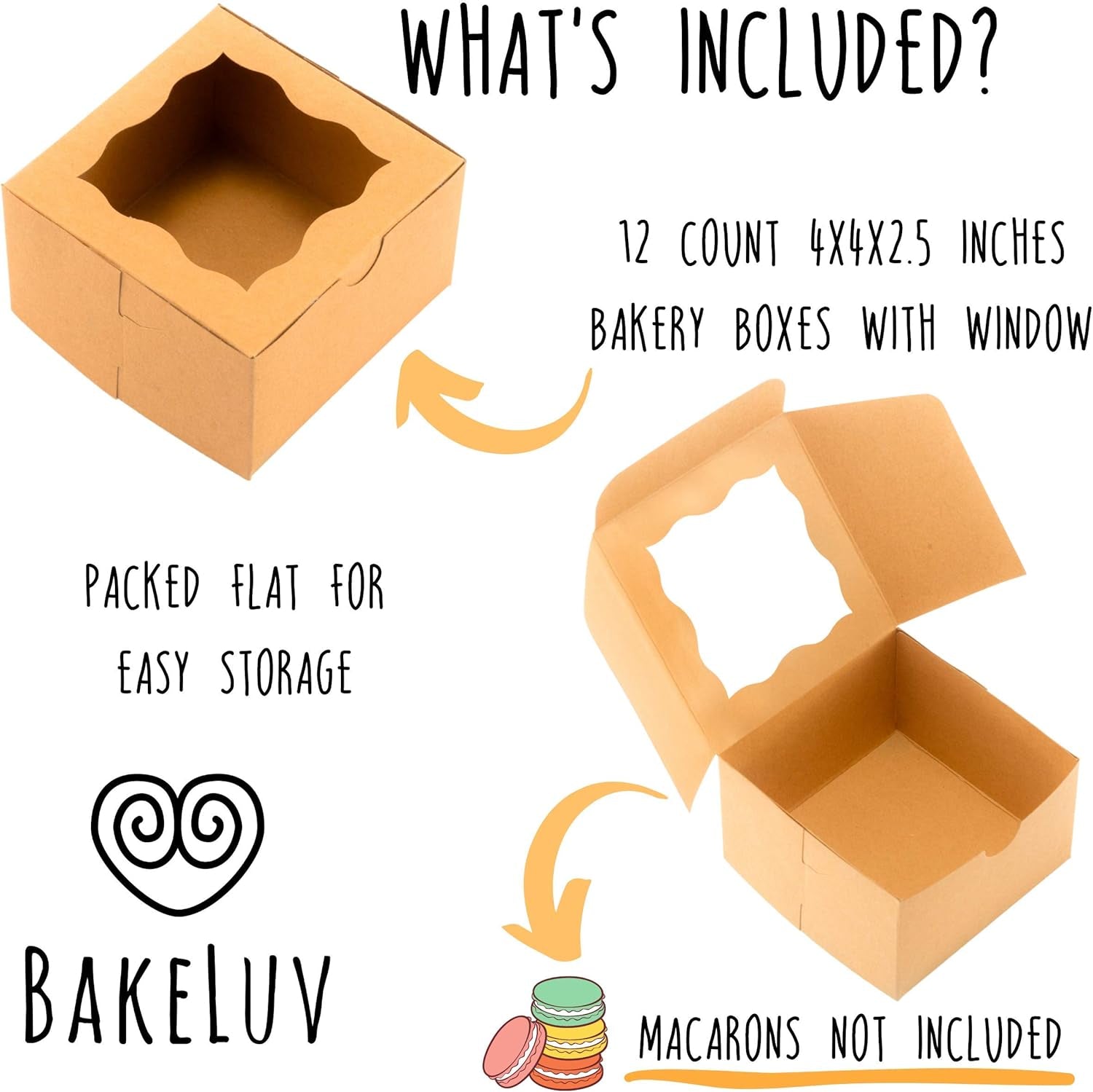 12Pcs Brown Small Cookie Boxes with Window, 4X4X2.5 Inches Bakery Boxes, Mini Cake, Treats, Macaron Packaging, Individual Cupcake, Gift Giving