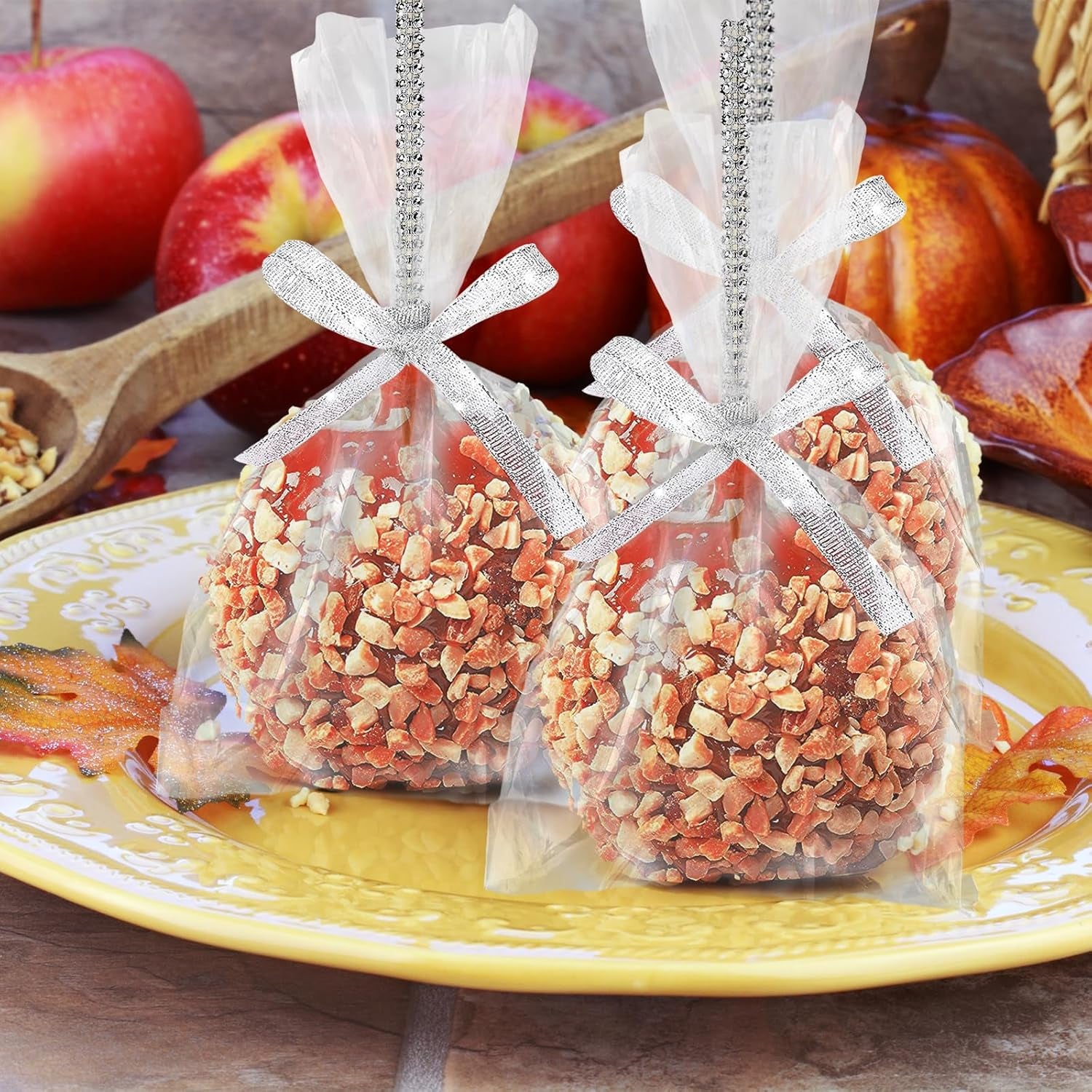 24 Pack Bling Candy Apple Sticks and Bags Kits, Caramel Apple Wooden Skewers,Food Bamboo Decorative Sticks for Rice Krispie Treats Cookie Cake Pops Corn Dogs with Glass Wrapper Glitter Ribbons Tie