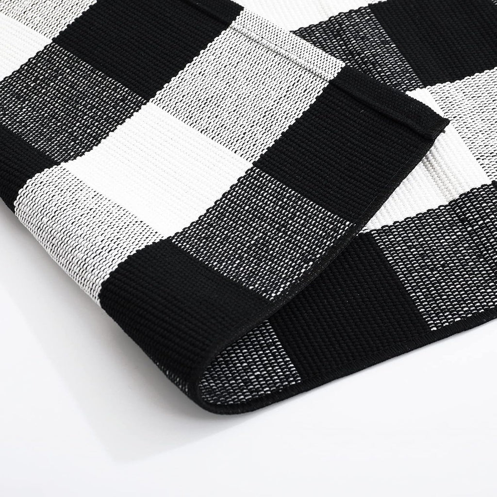 Buffalo Plaid Rug 24 X 51 Inch for Layered Hello Door Mats Washable Black and White Reversible Checked Outdoor Rugs Carpet for Front Door Entryway