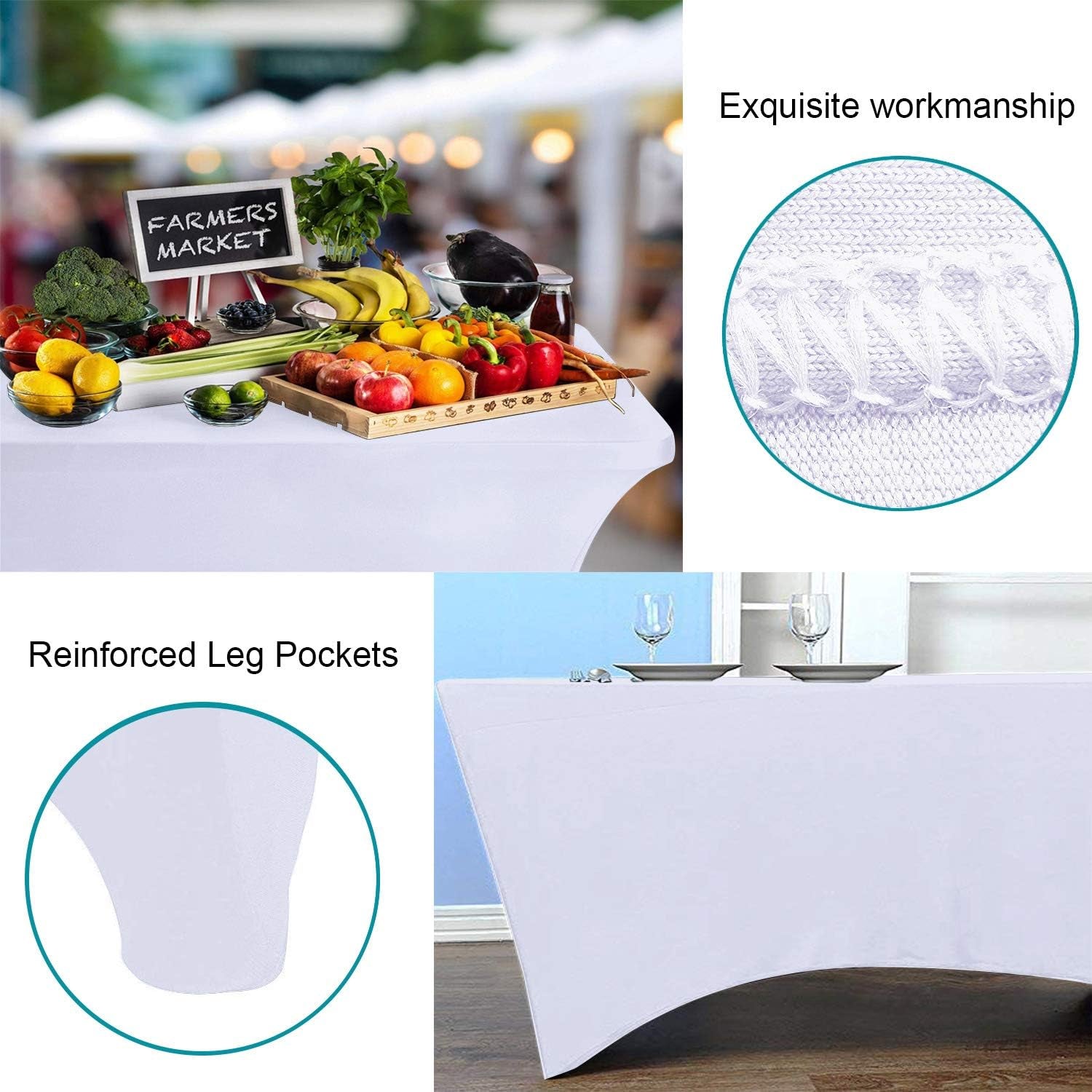 2 Pack 8FT Rectangular Spandex Table Cover Four-Way Tight Fitted Stretch Tablecloth Table Cloth for Outdoor Party DJ Tradeshow Banquet Vendor Wedding Celebration (2PC 8FT, White)