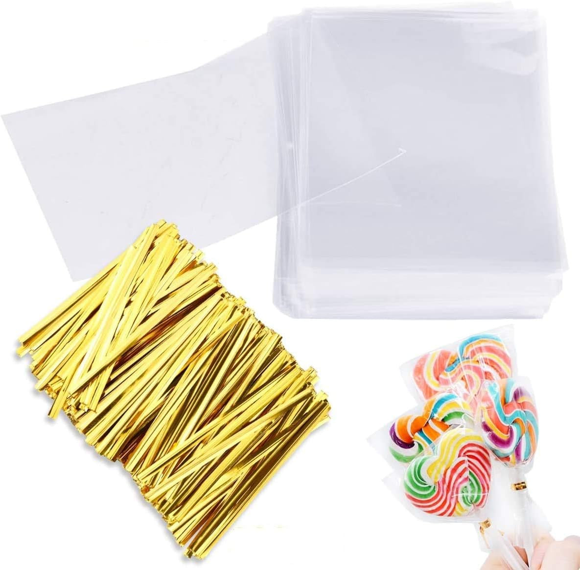 Cake Pop Bags,  300 Pcs Cellophane Treat Bags 3X5 with 300 Twist Ties 1.4 Mils Thickness OPP Plastic Bags for Lollipop Candy Chocolate Cookie Wrapping Buffet