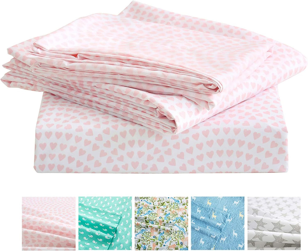 Kids Bed Sheets Twin Pink Heart Printed Sheets for Girls, Soft Lightweight Microfiber Easy Wash Bedding Set (1 Fitted Sheet + 1 Flat Sheet + 1 Pillowcase)