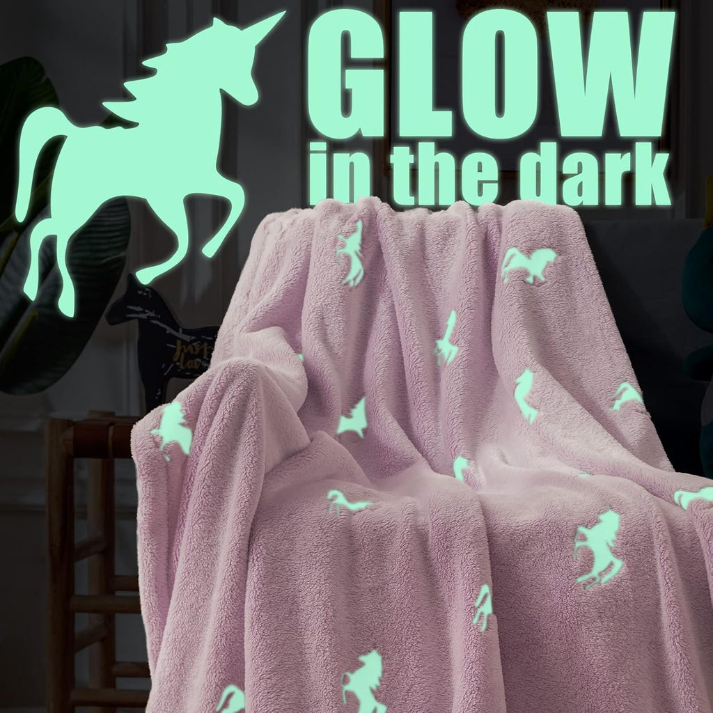 Flannel Glowing Throw Blanket Unicorn Soft Pink Kids Lightweight Comfy Luminious Blanket Glow in the Dark