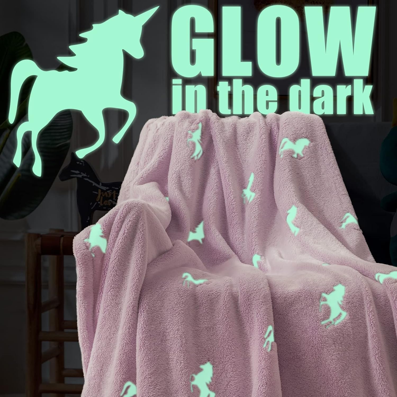 Flannel Glowing Throw Blanket Unicorn Soft Pink Kids Lightweight Comfy Luminious Blanket Glow in the Dark