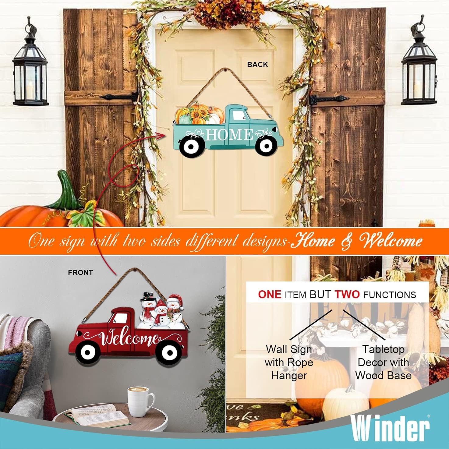 Welcome Sign & Home Sign for Front Door 2Side Rustic Red Truck Decor with 10PC Interchangeable Holiday Icons for Spring Easter 4Th of July Fall Harvest Halloween Christmas Seasonal Wall